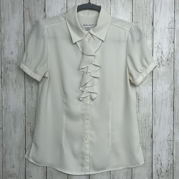 Pendleton White Ruffle Short Sleeve Sheer Button Collared Coquette Fairy Blouse - Picture 1 of 8